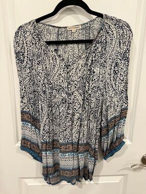 Artisan Ny Navy, White, Brown & Teal Printed Peasant Tunic